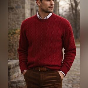 Pringle of Scotland Red Lambswool Cable Knit Sweater | Made in Scotland Men’s XL